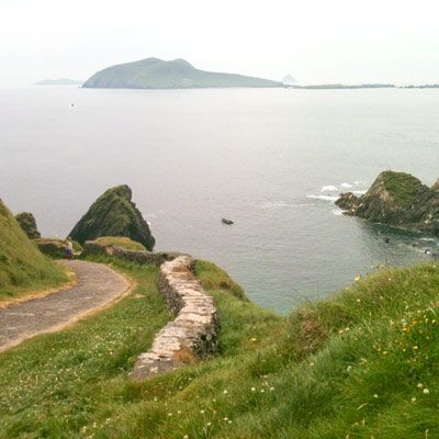 path down to Dunquin pier with sea and Blasket islands in background Dingle Peninsula Ireland