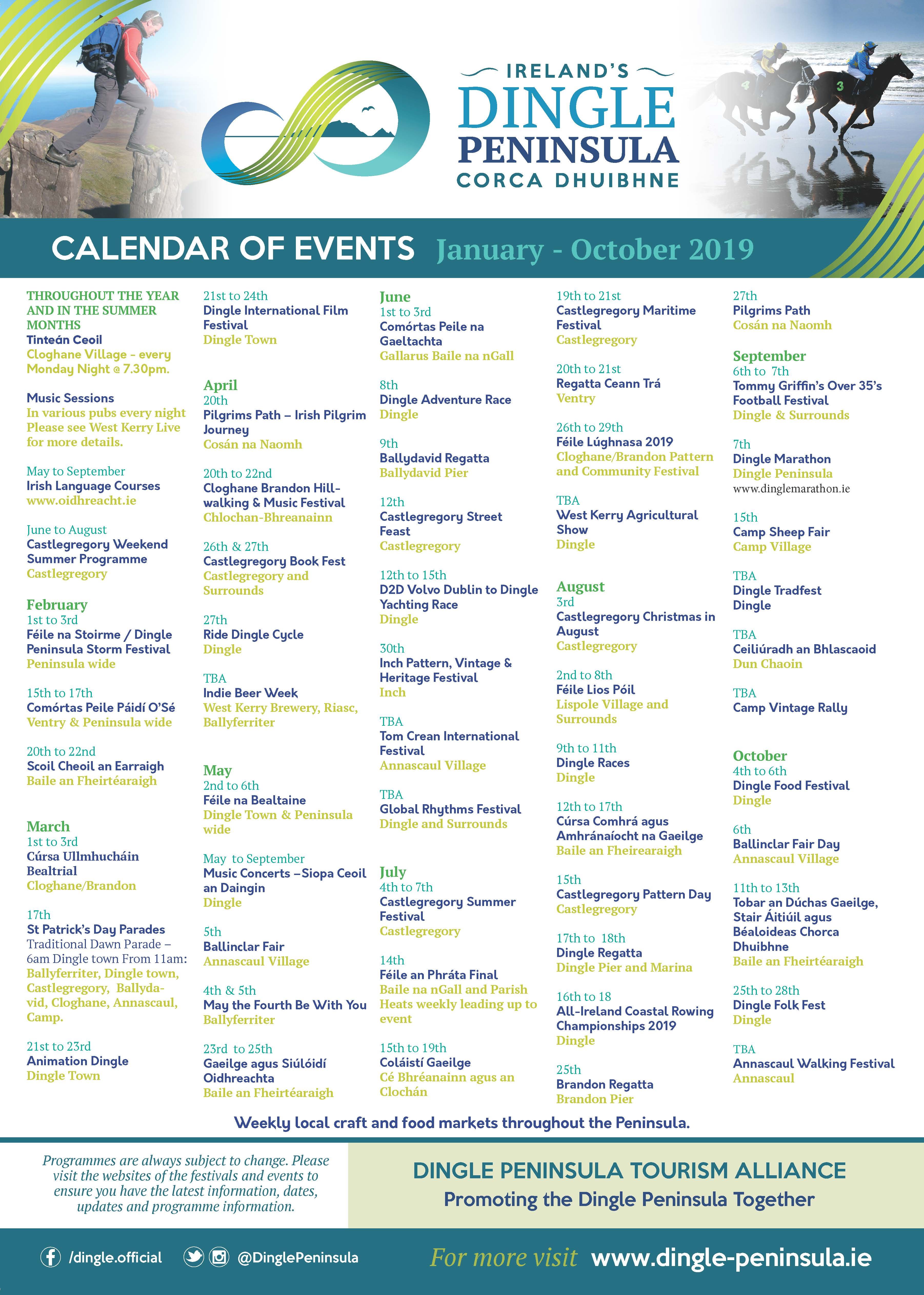 Calendar of events on Dingle Peninsula Jan - Oct 2019