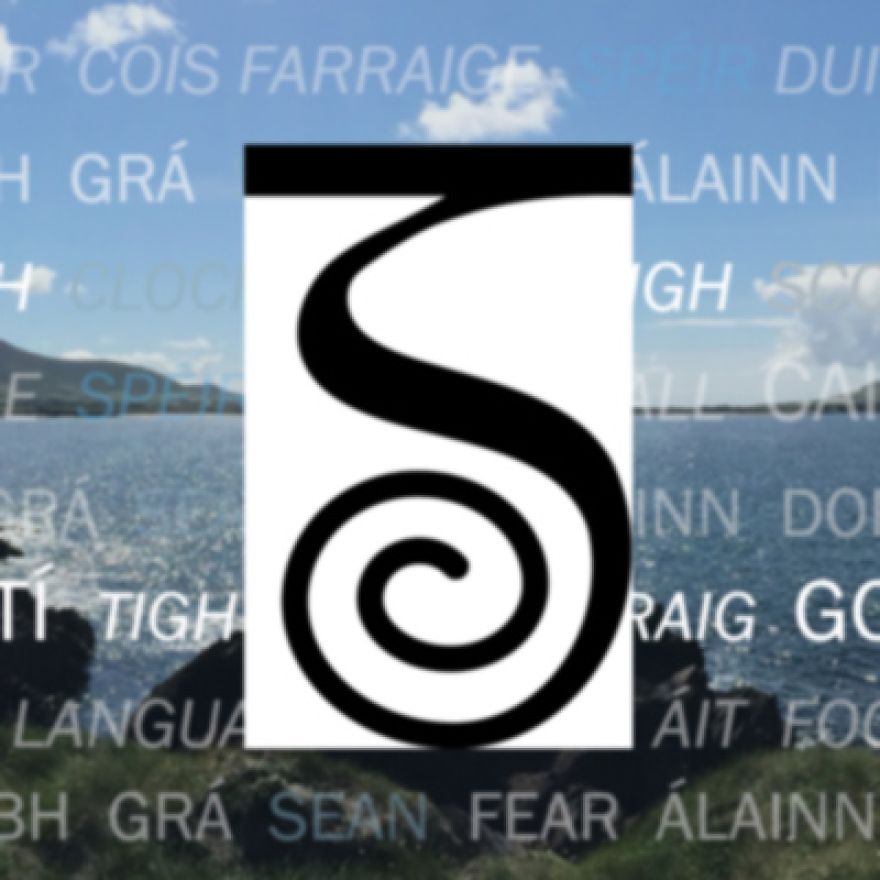 irish words and gaeltacht experience logo over scenery dingle peninsula